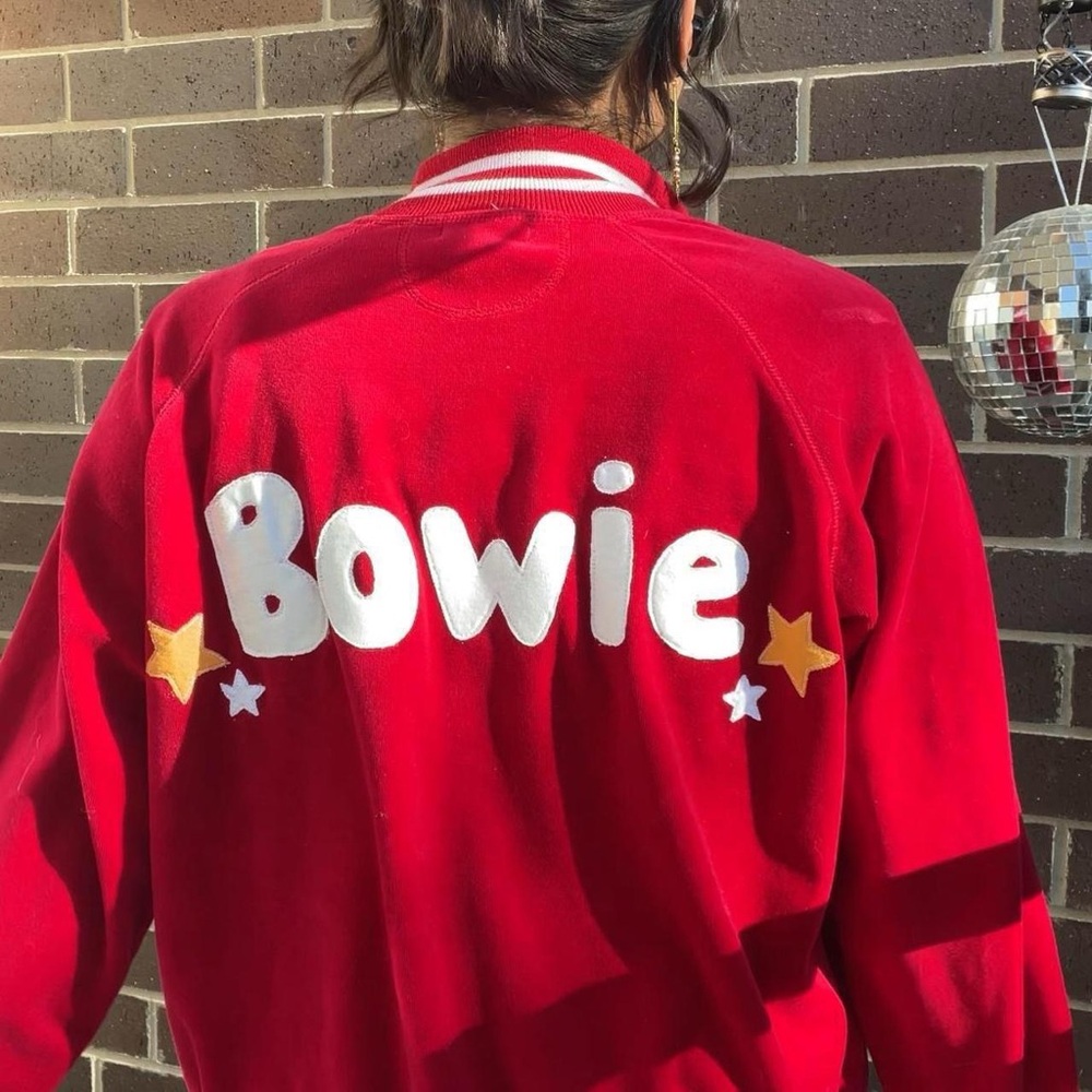 David Bowie Varsity Style Striped Bomber Jacket with Star Detailed